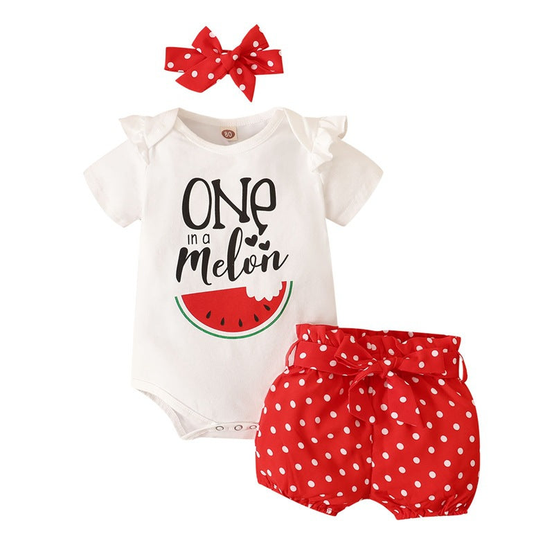 Wholesale Summer Watermelon print Short-sleeved Top + Polka dot Shorts Three-Piece Suit