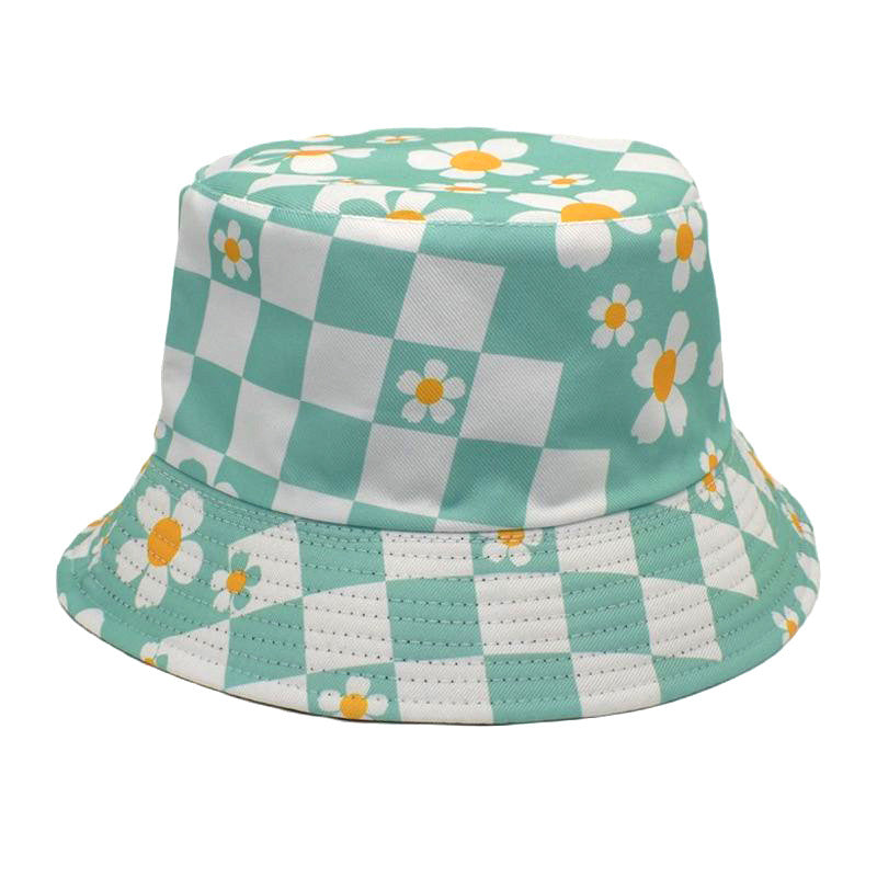 Wholesale Polyester Checkerboard Check Sunflower Flower Print Fisherman Hat