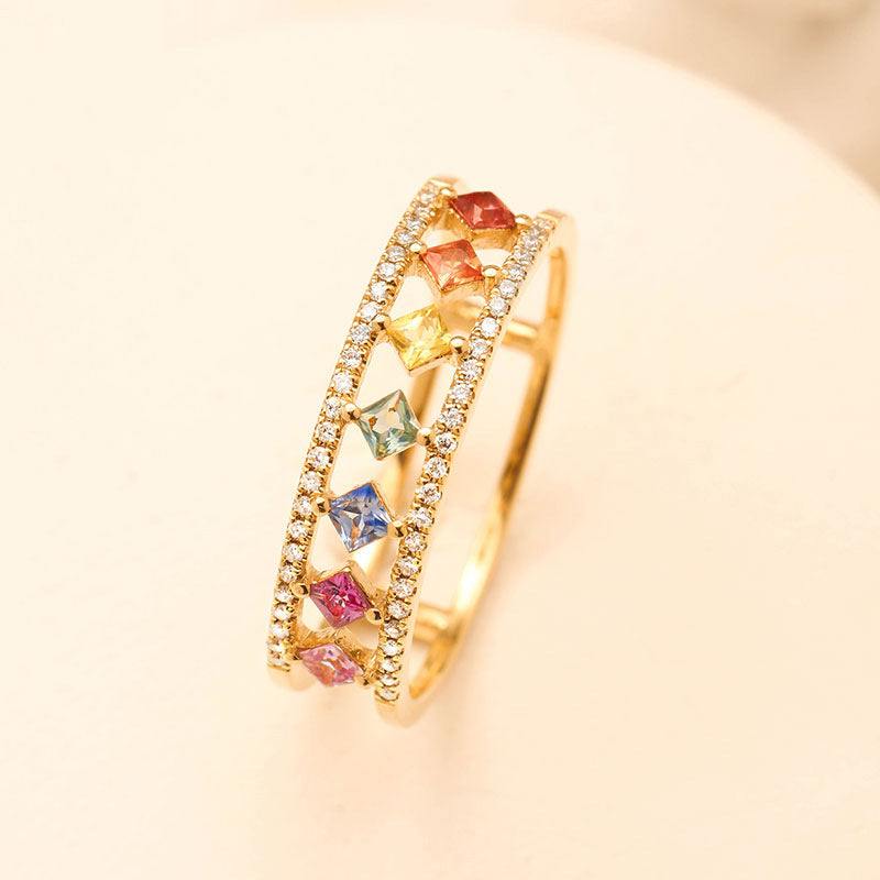 Wholesale Rhombus Colorful Zircon Gold Plated Copper Rings