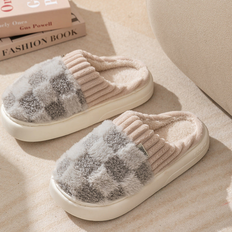 Wholesale of Autumn and Winter Plush Plaid Cotton Slippers