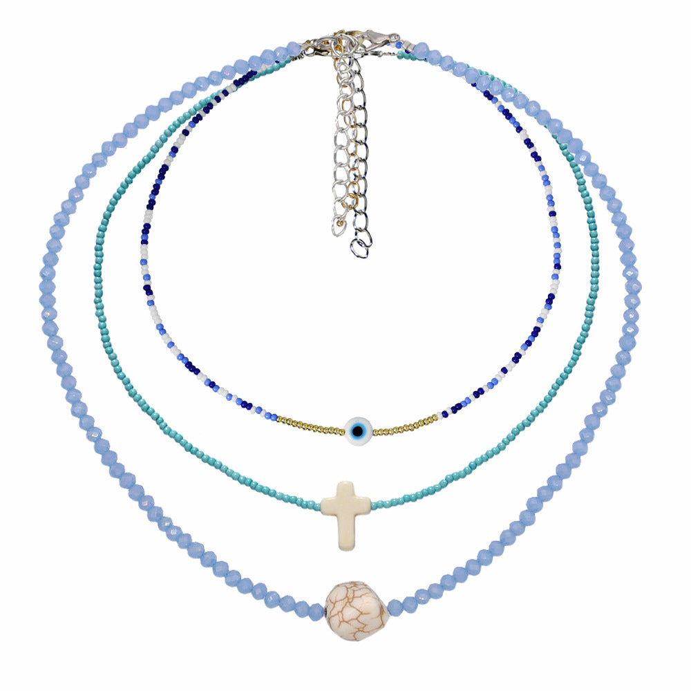 Wholesale Glass Blue Eyes Rice Beads Cross Layer Necklace