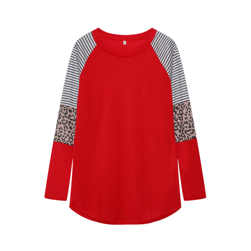 Wholesale Polyester Leopard Print Color Striped Round Neck Long Sleeves