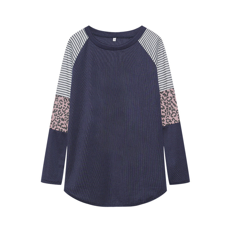 Wholesale Polyester Leopard Print Color Striped Round Neck Long Sleeves