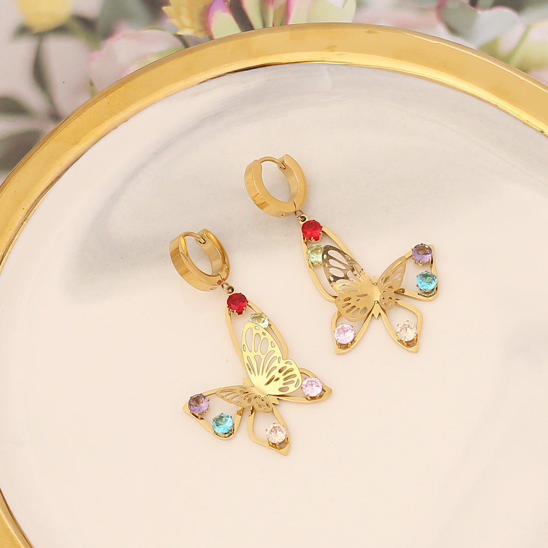 Joyas al por mayor Corazón de mariposa Pendientes de acero inoxidable