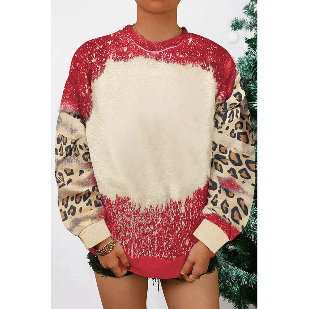 Wholesale Polyester Tie Dyed Leopard Print Patchwork Round Neck Sweater for Women with Contrasting Color Pullover