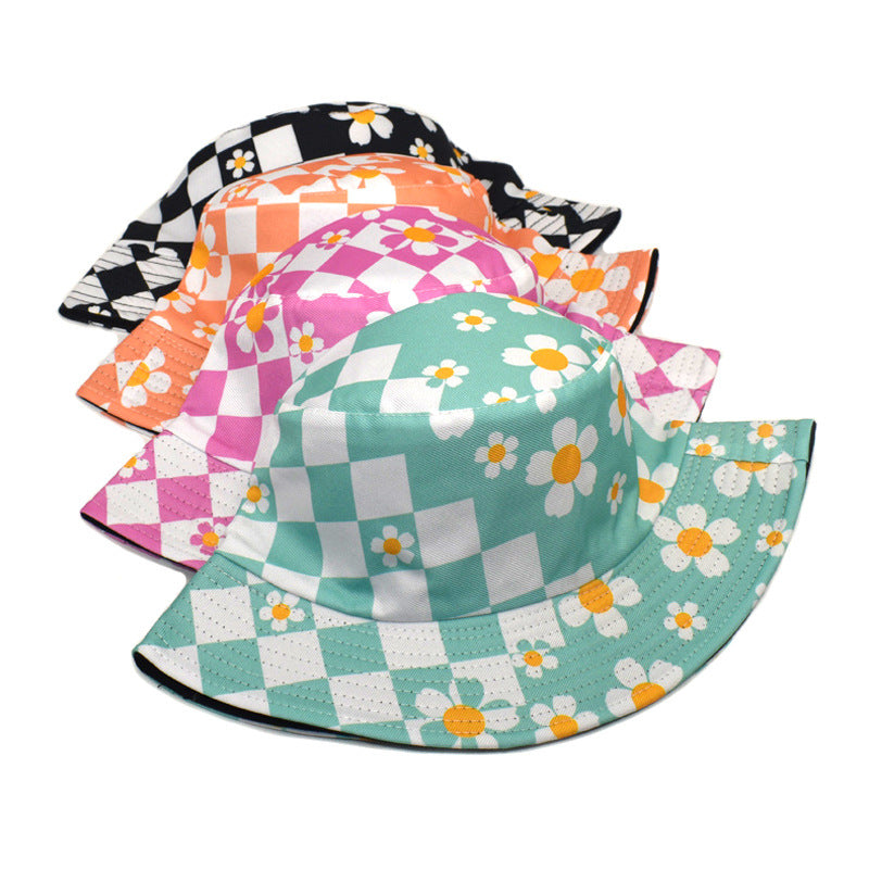 Wholesale Polyester Checkerboard Check Sunflower Flower Print Fisherman Hat