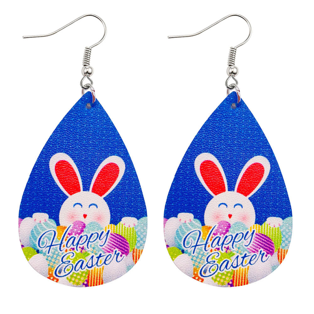 Joyas al por mayor Pendientes de piel sintética con estampado reversible de conejito de Pascua