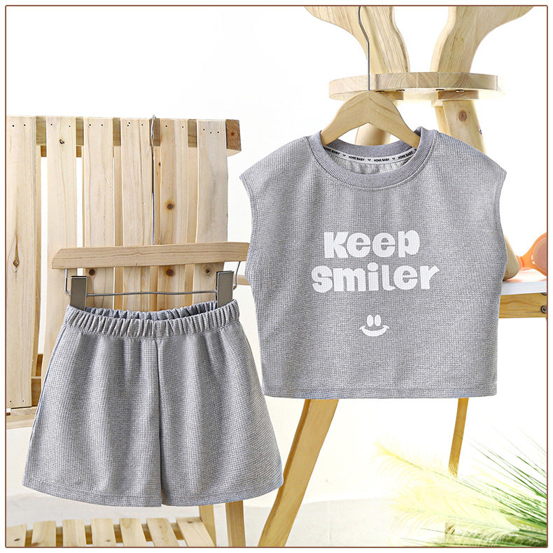 Wholesale Children Smiley Face Summer Sleeveless Suit Chemical Fiber Baby Clothes