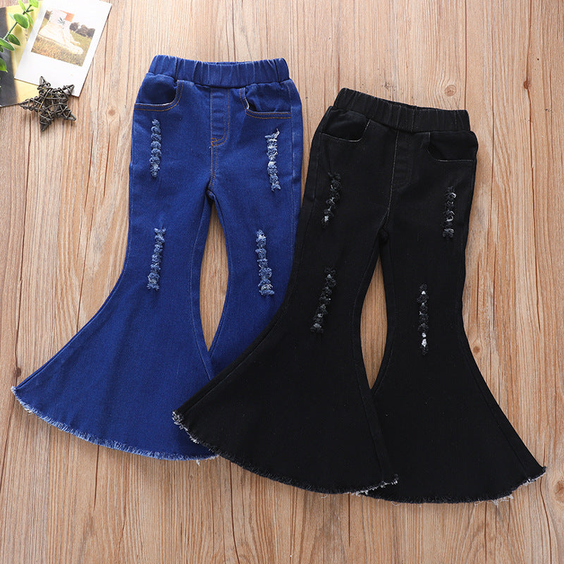 Wholesale Children's Cotton Tight Black Ripped Bell Bottoms