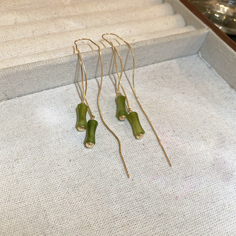 Nuevos pendientes de aleación de borla de bambú verde de estilo chino al por mayor