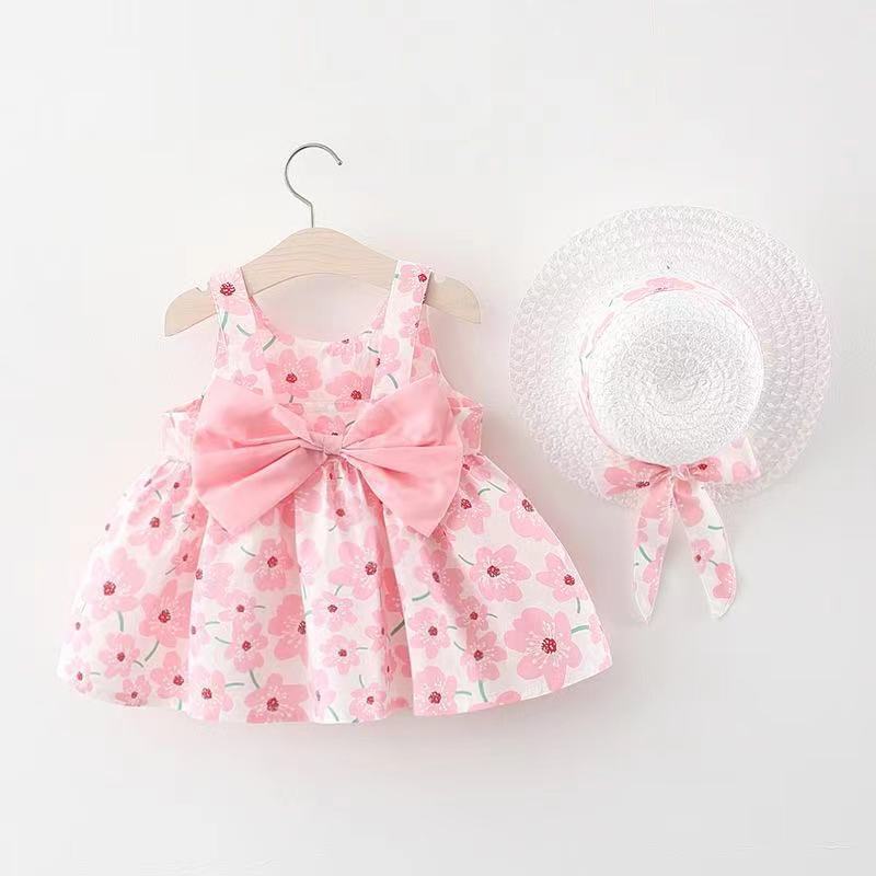 Wholesale Baby Girl Big Bow Cotton Dress With Hat Baby Clothes