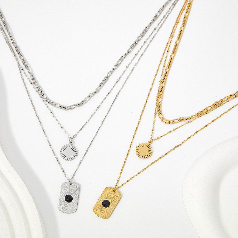 Wholesale Black Onyx Square Plaque Radiant Texture Stainless Steel Gold Plated Necklace