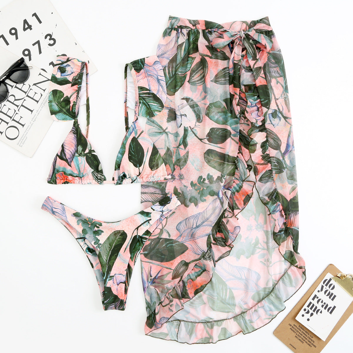 Conjunto de tres piezas de traje de baño de poliéster de malla de doble cara multicolor al por mayor