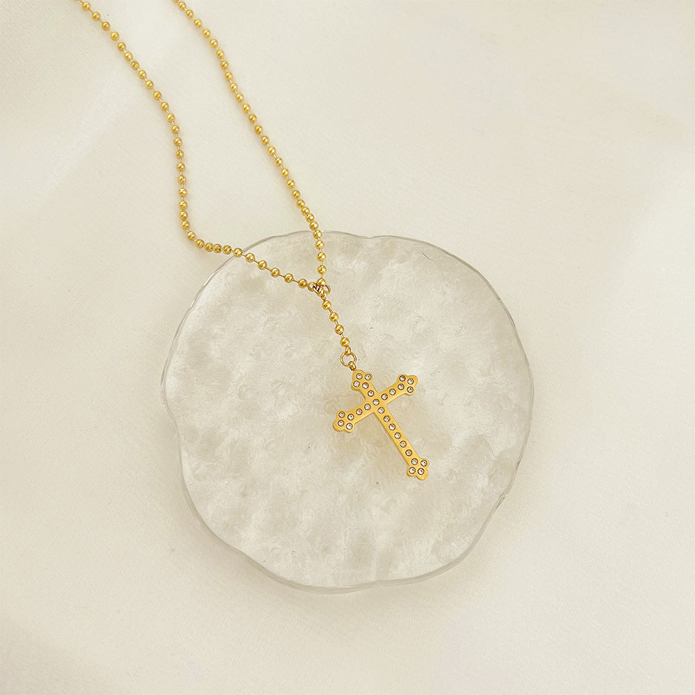 Wholesale Stainless Steel Gold Plated Cross Diamond Clavicle Necklace
