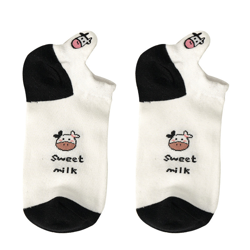 Wholesale Milk Cow Embroidered Striped Cotton Boat Sock