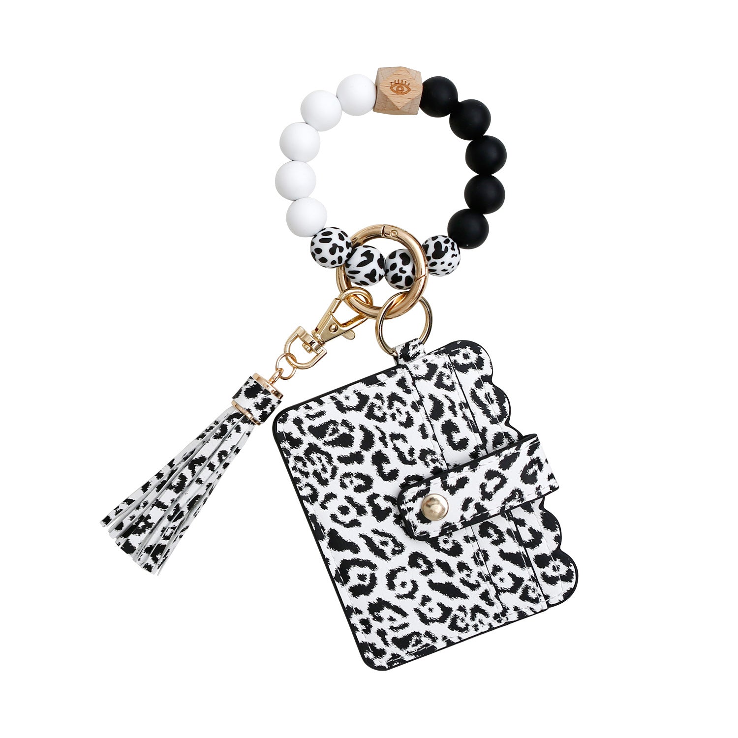 Venta al por mayor Llavero con cuentas de silicona y portatarjetas de leopardo