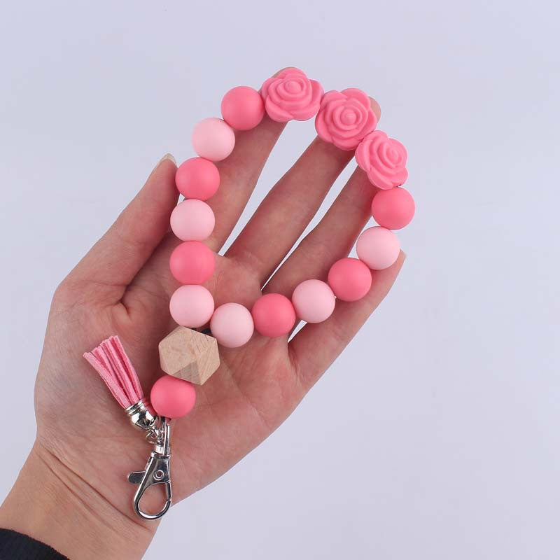 Wholesale Rose Silicone Beaded Wrist Keychain