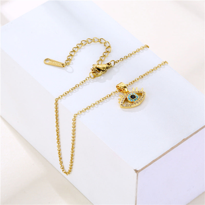 Wholesale Jewelry Stainless Steel Blue Eye Full Diamond Zircon Necklace