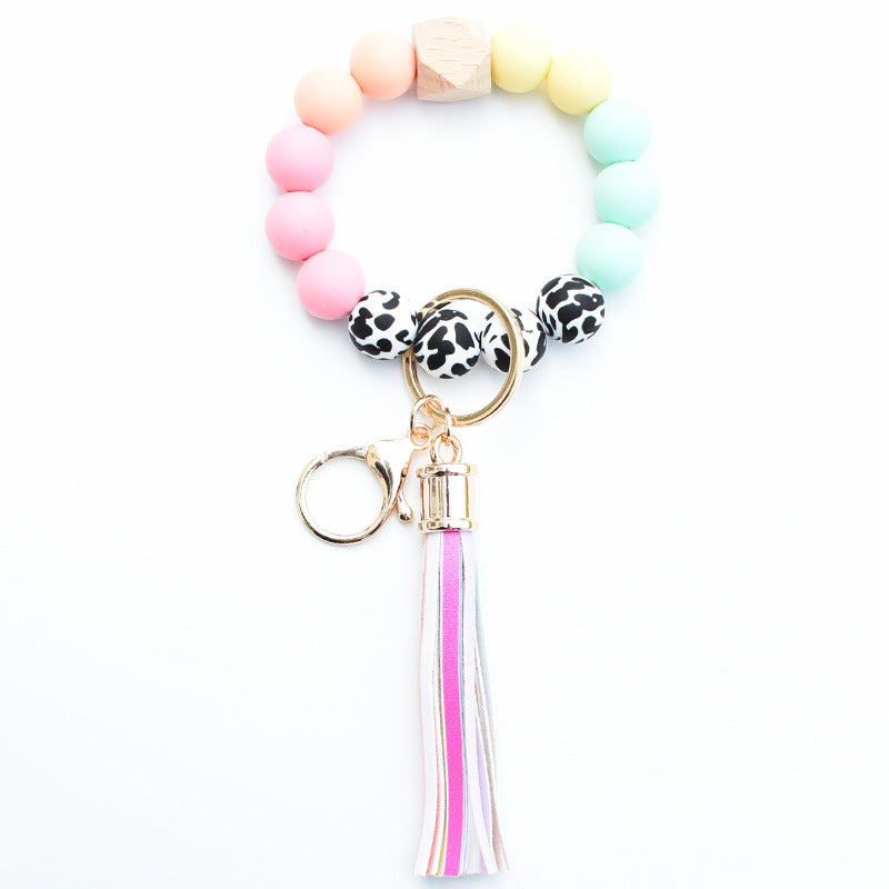 Wholesale Silicone Leopard Pattern Beaded Tassel Wrist Keychain