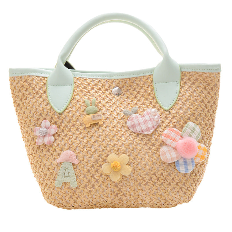 Venta al por mayor Bolsa de paja de asas de apliques de vacaciones