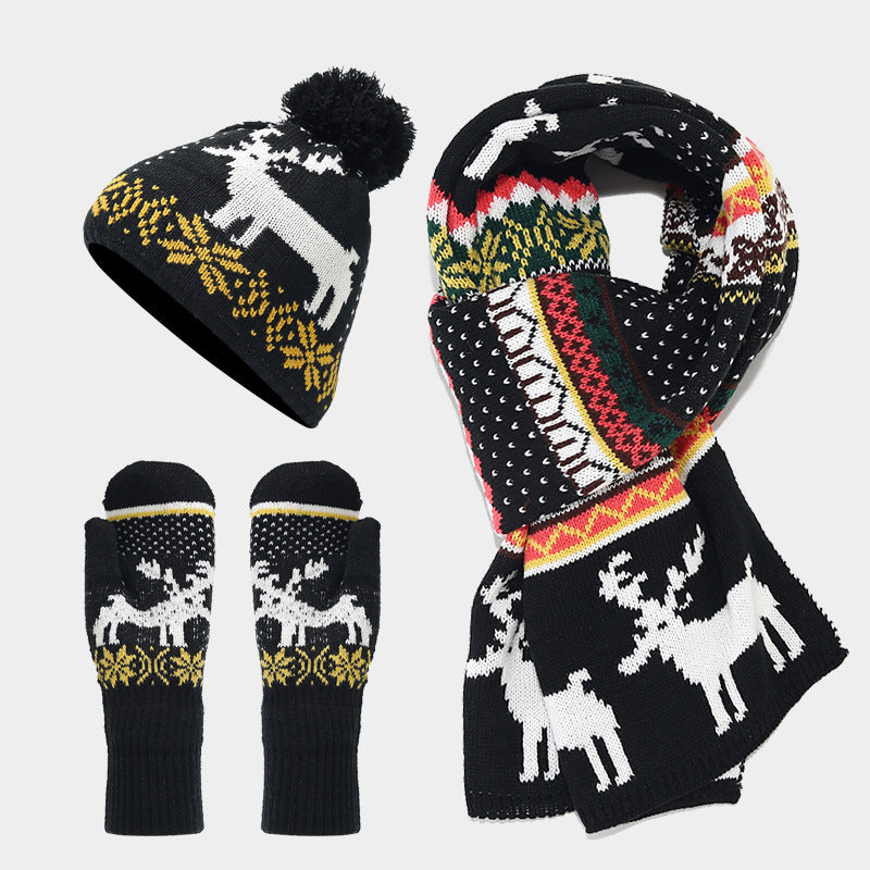 Wholesale Christmas Elk Jacquard Knit Hat Scarf Gloves Set