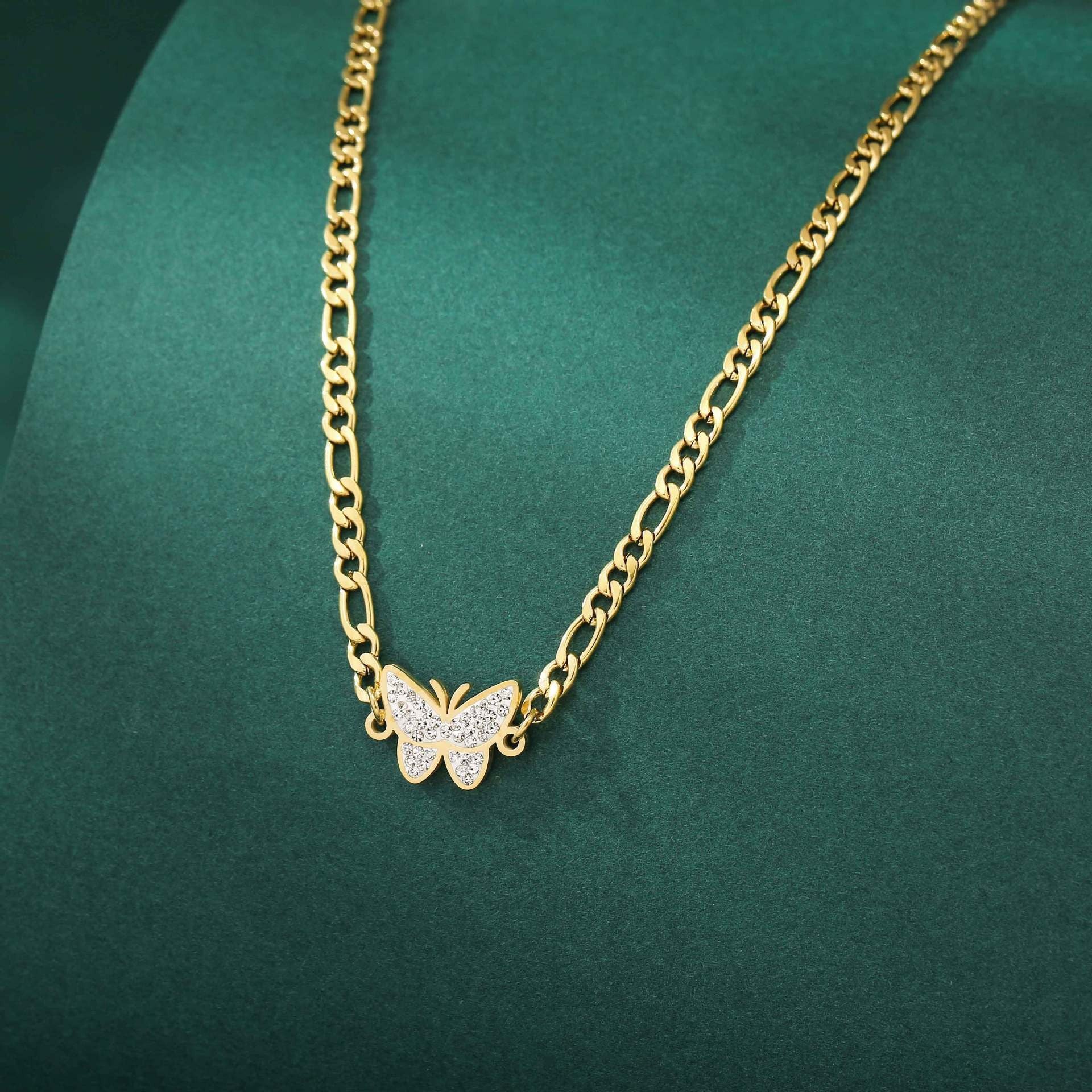 Wholesale Stainless Steel Gold Plated Diamond Butterfly Clavicle Necklace