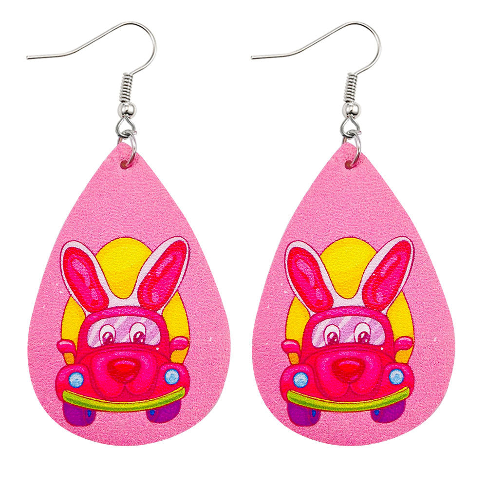Joyas al por mayor Pendientes de piel sintética con estampado reversible de conejito de Pascua
