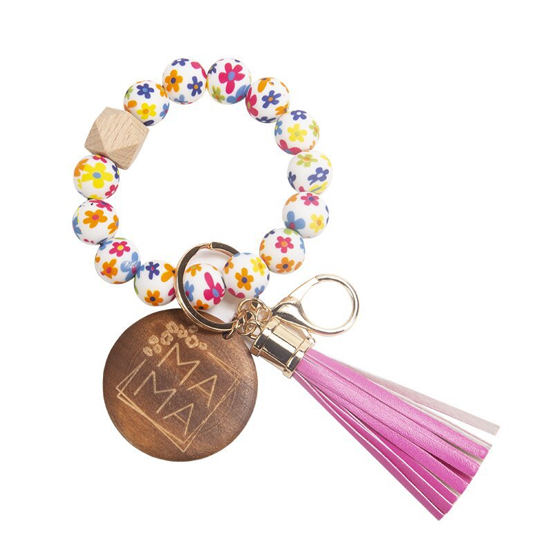 Wholesale Mother's Day Gifts MAMA Wood Chips Pendant Silicone Beads Bracelet Key Chain