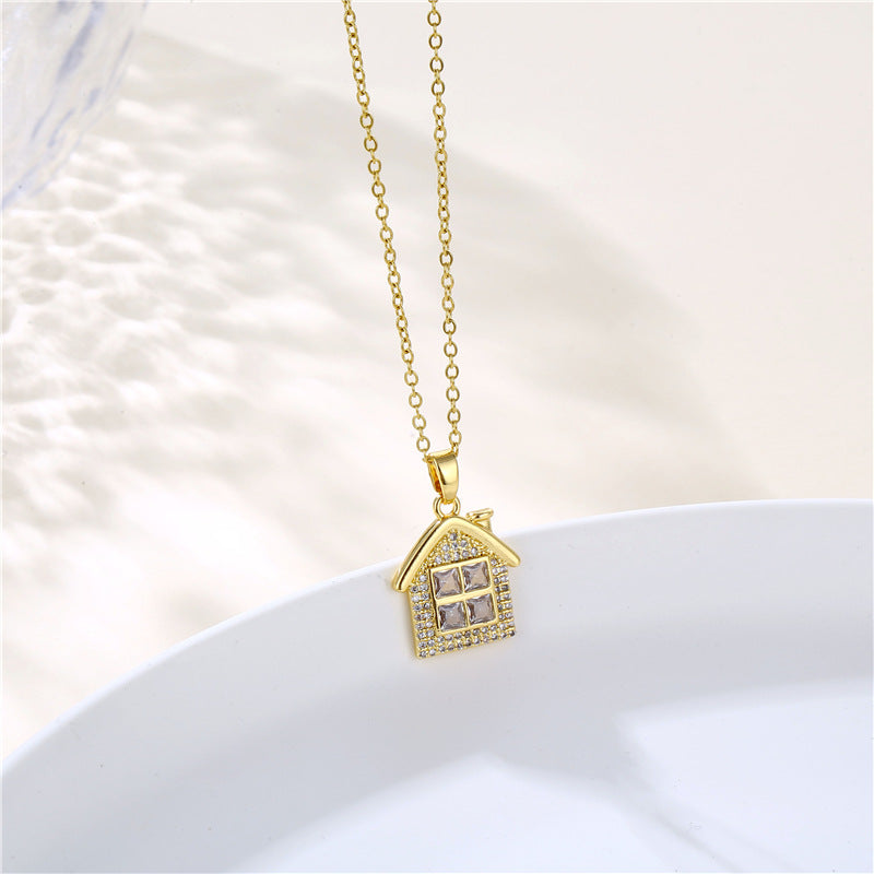 Wholesale Stainless Steel Zircon House Shape Cross Chain Creative Necklace