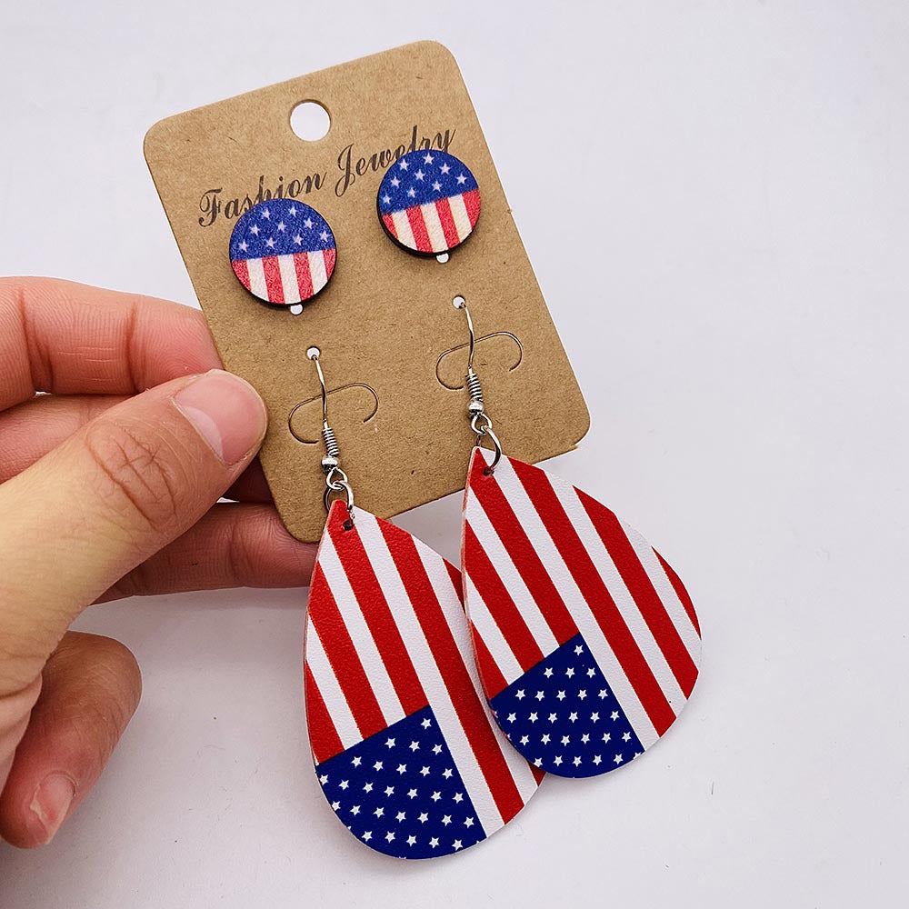 Wholesale Independence Day American Flag Leather Earrings Stud Set