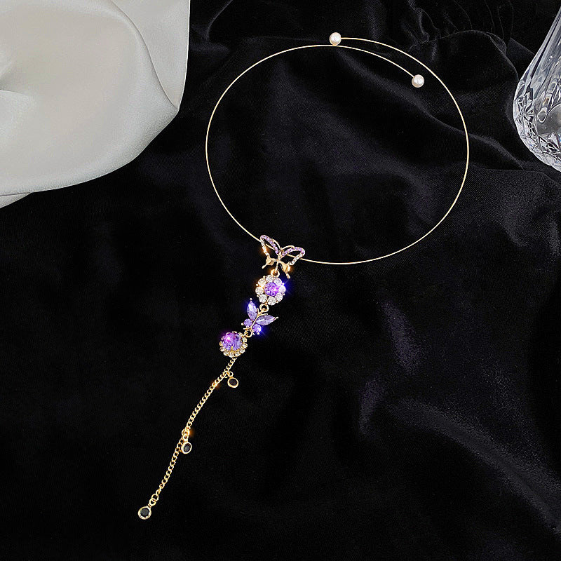 Wholesale Alloy Purple Butterfly Tassel Necklace