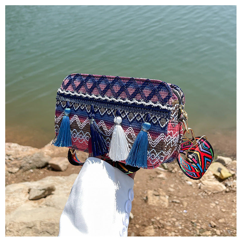 Lienzo al por mayor estilo étnico hombro cruzado pequeño bolso cuadrado