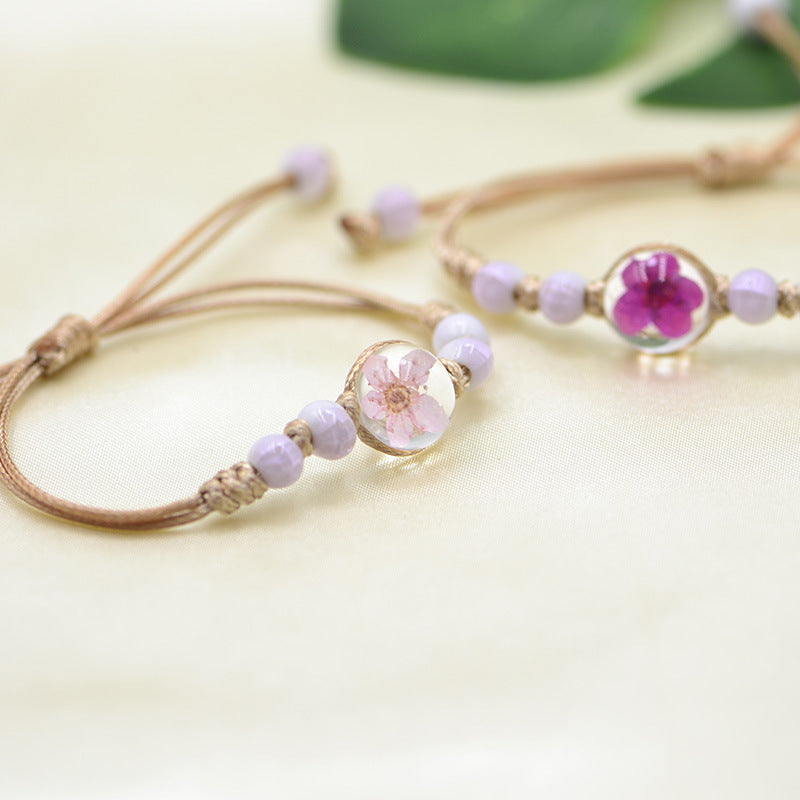 Wholesale Ceramic Glass Ball Dried Flower Plant Real Flower Woven Bracelet