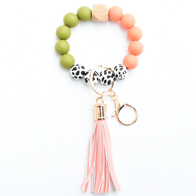 Wholesale Silicone Leopard Pattern Beaded Tassel Wrist Keychain