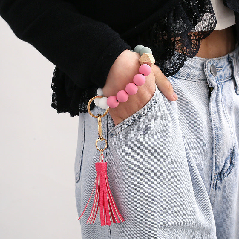 Wholesale Leopard Print Silicone Beaded Tassel Wrist Keychain