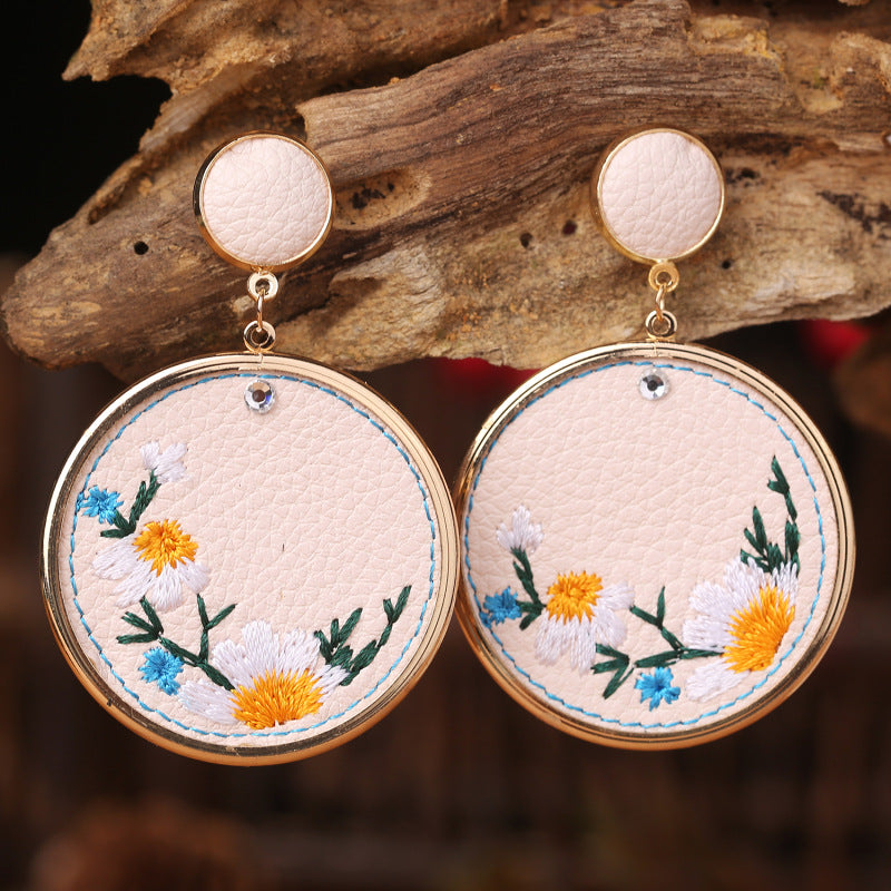 Wholesale 3Pairs/Pack Leather Embroidery Flowers Earrings