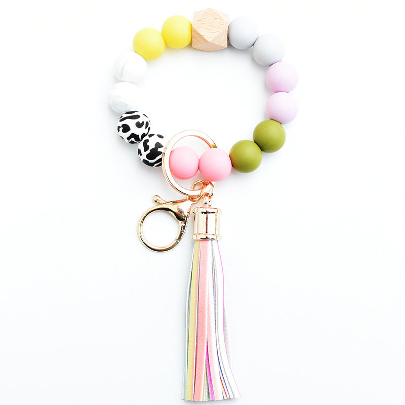 Wholesale Silicone Leopard Pattern Beaded Tassel Wrist Keychain