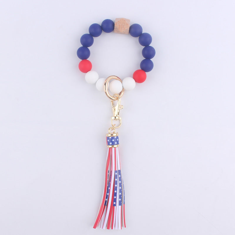 Wholesale US Flag Tassel Silicone Beaded Wrist Keychain
