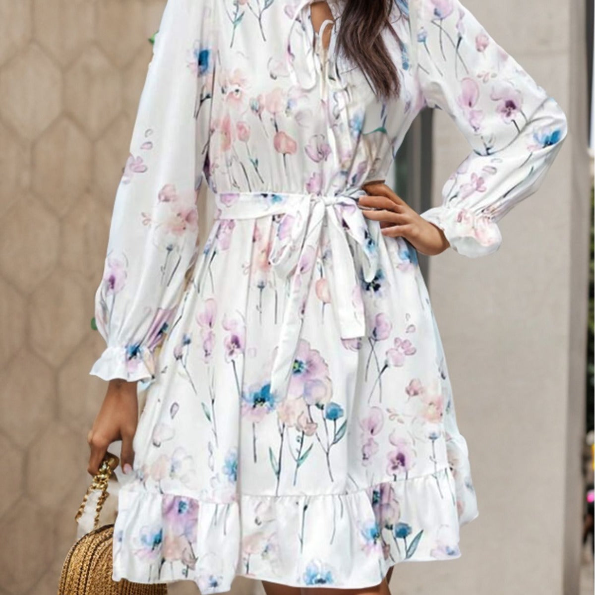 Wholesale Polyester Half Turtle Neck Tie Waist Floral Print Long Sleeve Dress