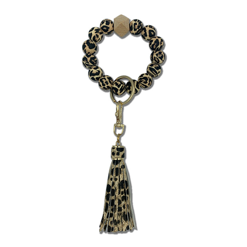 Wholesale Leopard Silicone Beaded Tassel Wrist Keychains