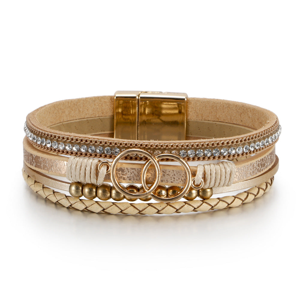 Wholesale Multilayer Braided Leather Double Circle Magnet Buckle Bracelet