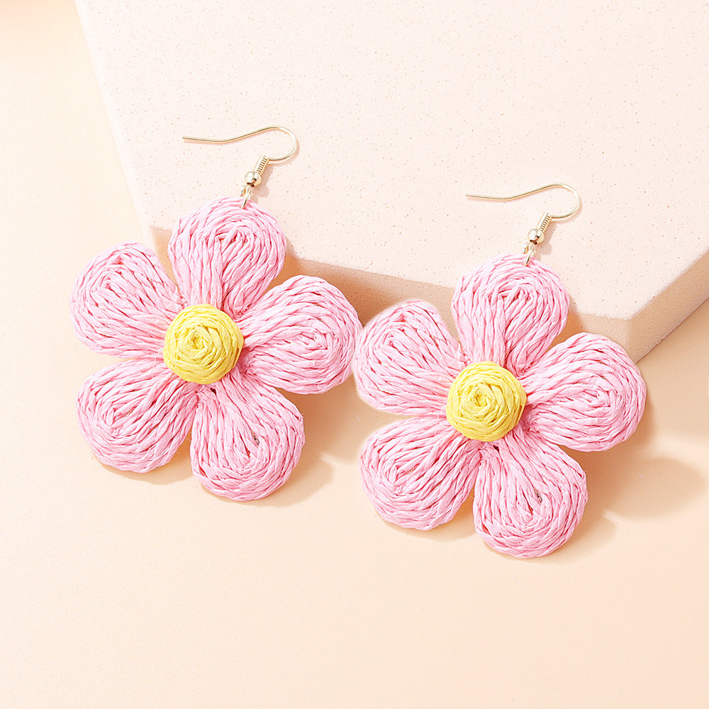 Wholesale Vacation Style Braided Flowers Straw Rope Earrings