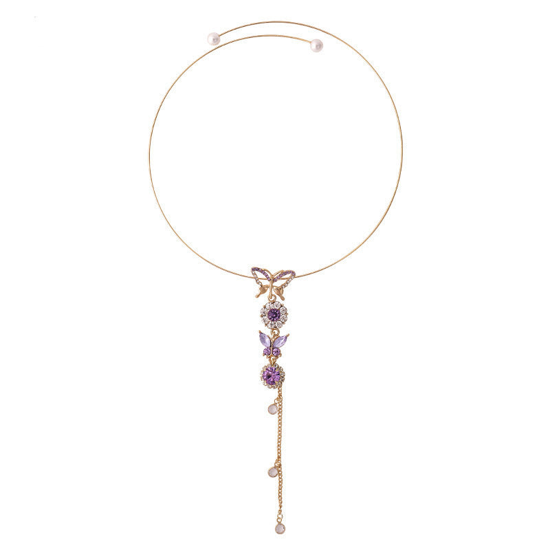 Wholesale Alloy Purple Butterfly Tassel Necklace