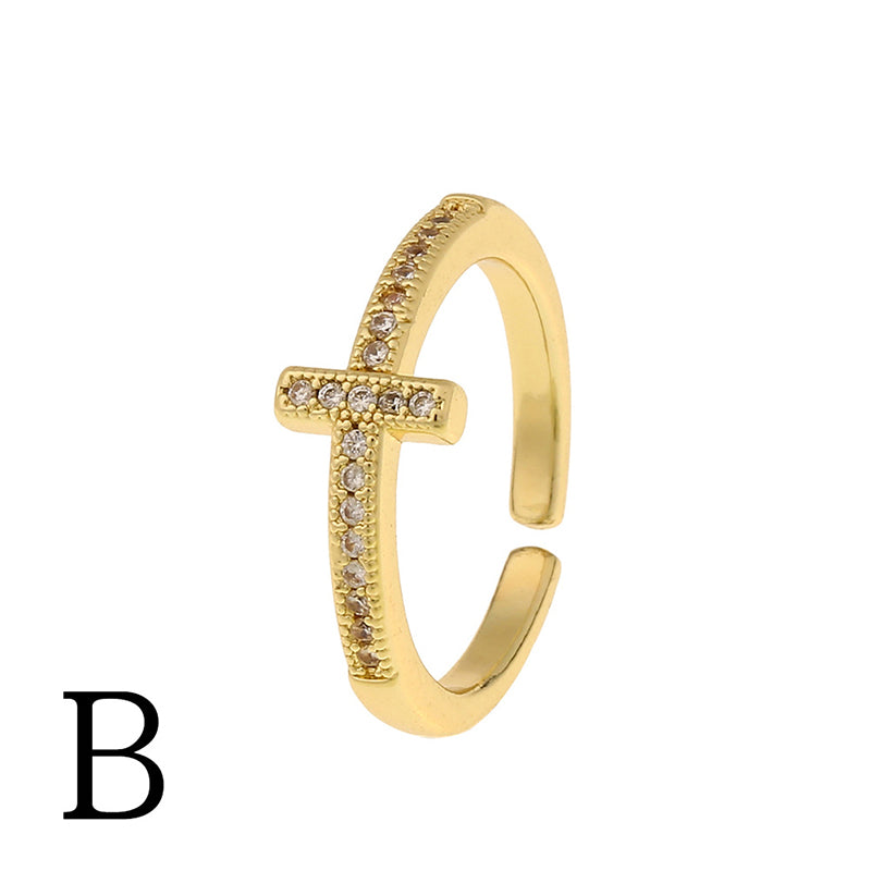 Wholesale Ring Copper Plated 18K Gold Zircon Cross Adjustable OLY-RS-HX002