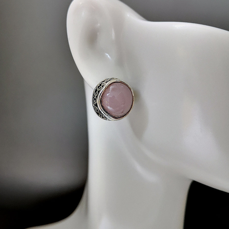 Venta al por mayor Pendientes de metal de piedra natural de cuarzo rosa bohemio