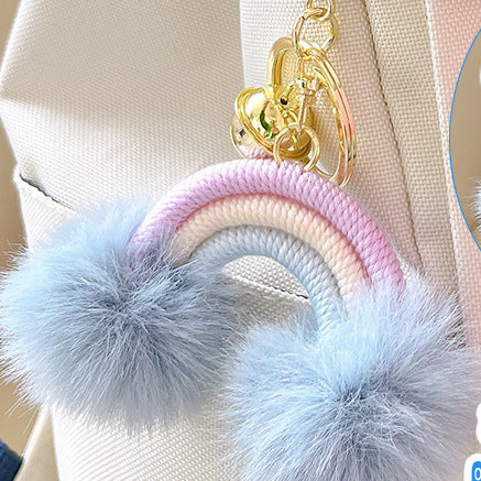 Llavero de cuerda de algodón con bola de lana arcoíris al por mayor