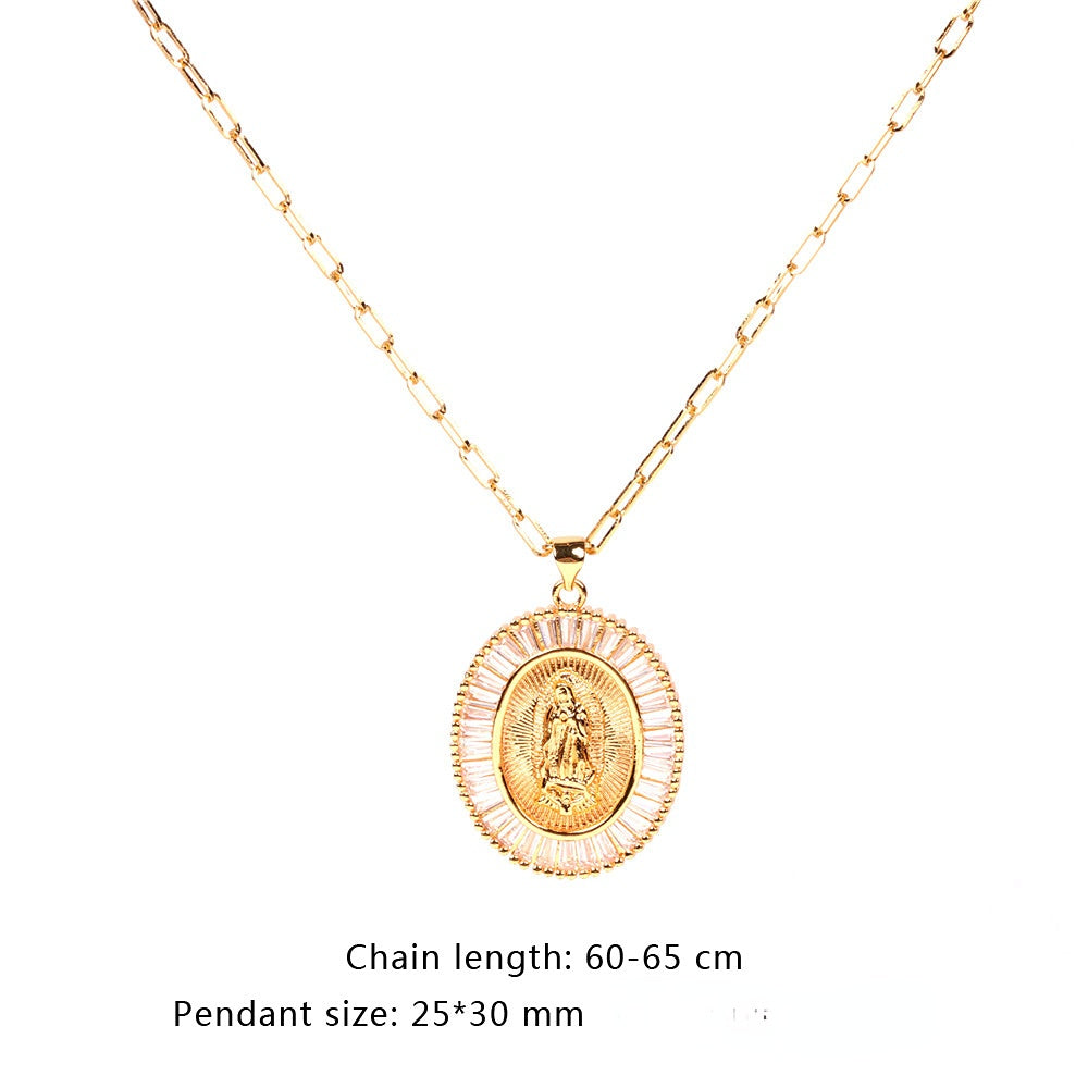 Wholesale Copper Thick Chain Round Card Diamond Creative Necklace