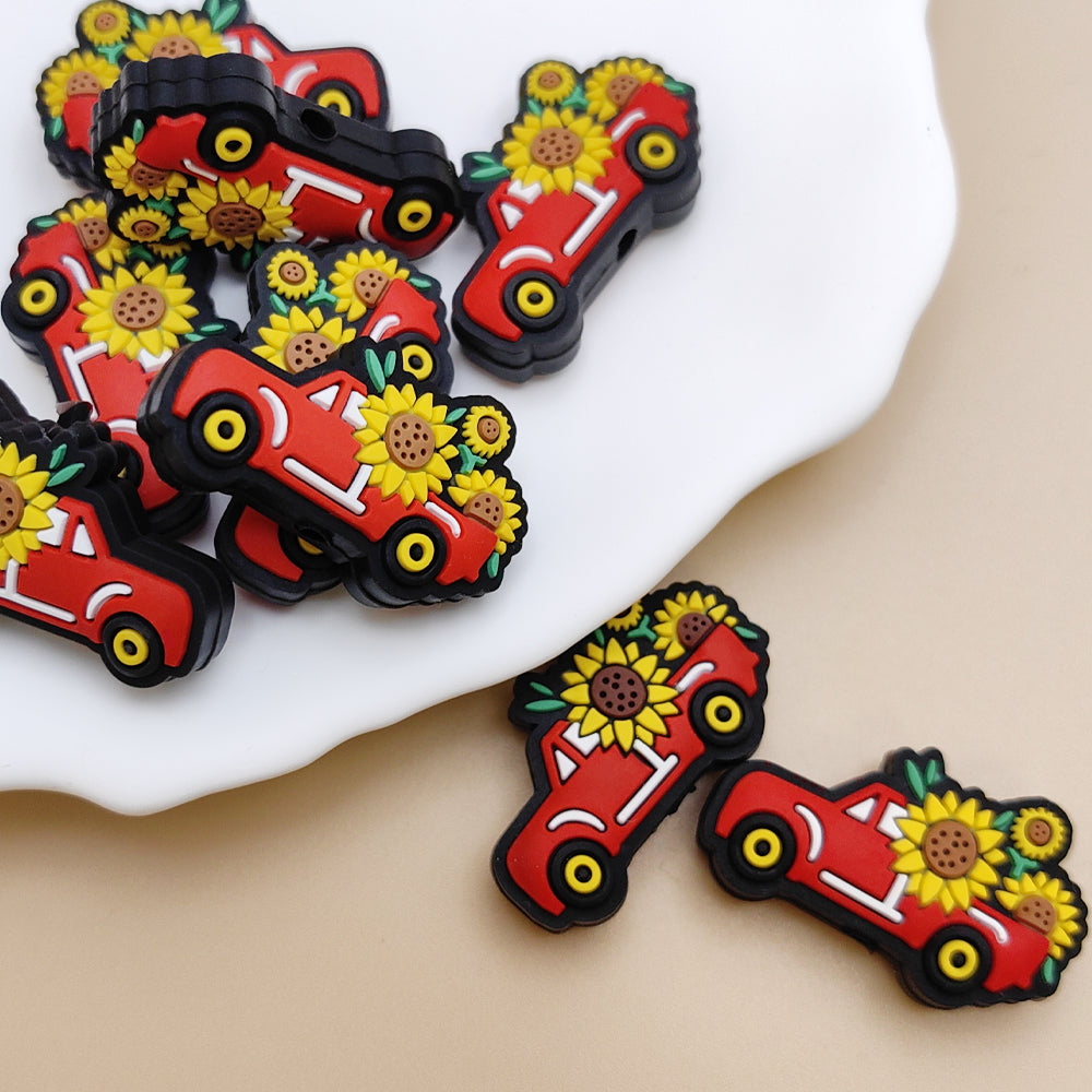 Wholesale 10pcs Cartoon Car Sunflower Western Style Print Focal Beads