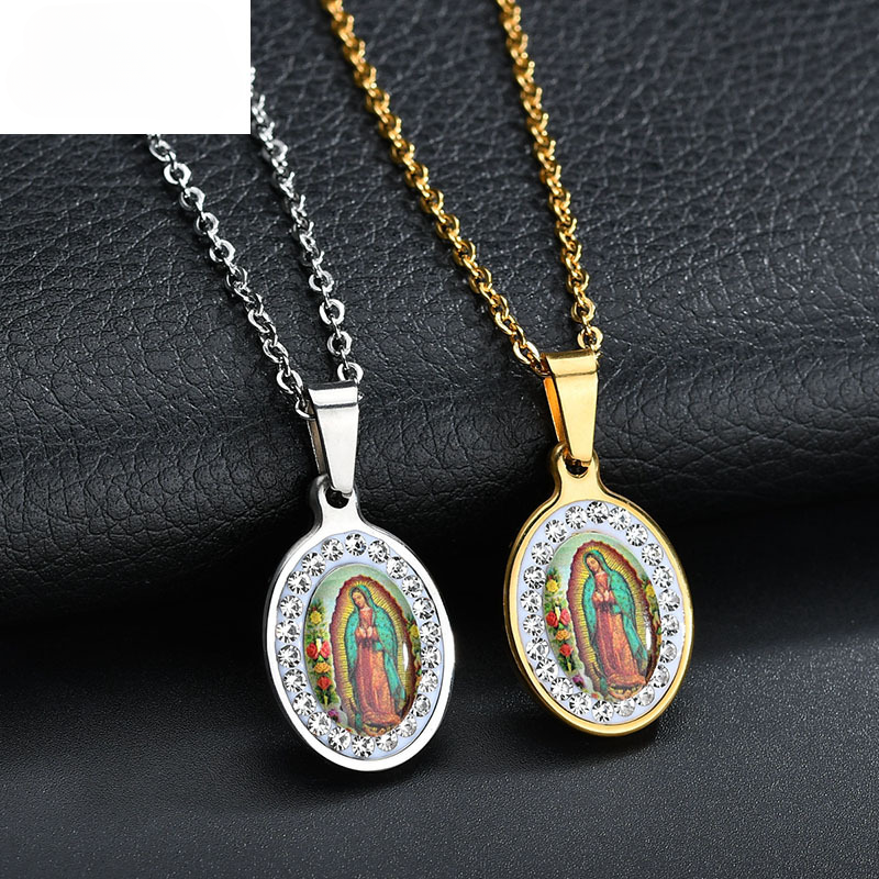 Virgen de colores al por mayor Drop Glue Posting Pendiente Oval Diamond Diamond Collares de acero inoxidable