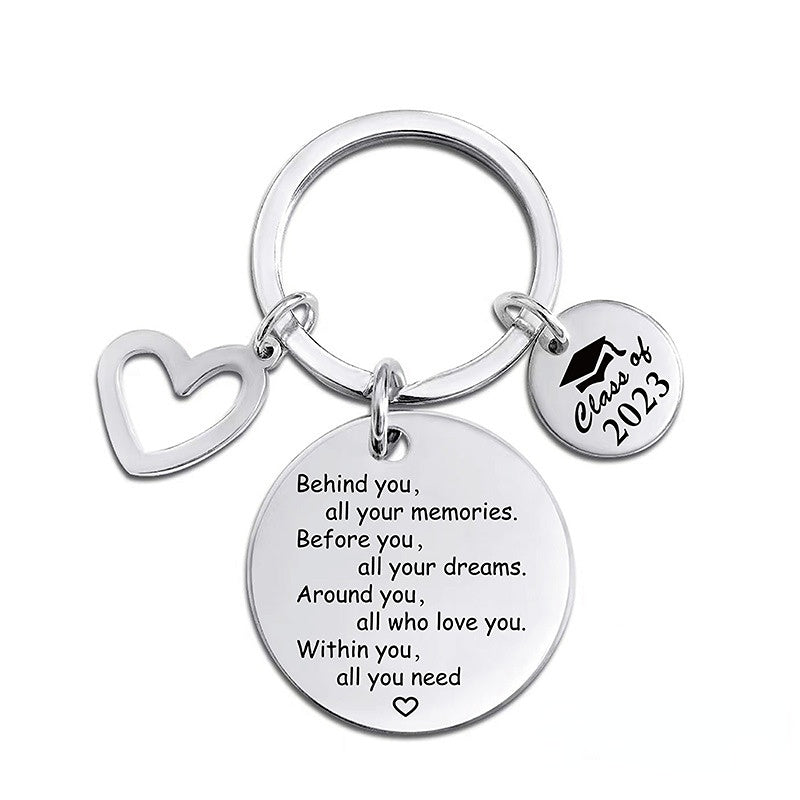 Wholesale Graduation Season Gift Lettering Stainless Steel Round Card Heart Keychain